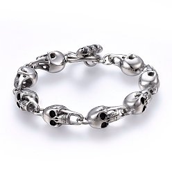 Antique Silver Retro 304 Stainless Steel Link Bracelets, with Toggle Clasps Clasps, Skull, Antique Silver, 9-1/2 inch(24cm), 10.5~34x12mm