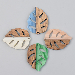 (52) Непрозрачная лаванда Подвески из непрозрачной смолы и ореха, лист, разноцветные, 37x28x3 мм, отверстие : 2 мм