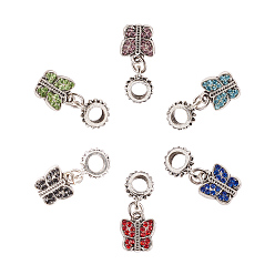 Antique Silver Butterfly Large Hole Alloy Glass Rhinestone European Dangle Charms, Antique Silver, 23mm, Pendant: 11x10x2mm, Hole: 4.5mm, 30pcs/box