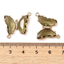 Dark Khaki Brass Pave Faceted Glass Connector Charms, Golden Tone Butterfly Links, Dark Khaki, 20x22x5mm, Hole: 1.2mm