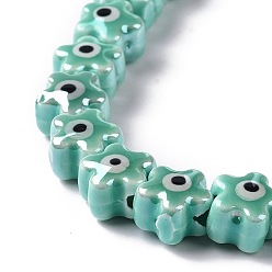 Turquoise Handmade Porcelain Ceramic Beads Strands, Famille Rose Style, Star with Evil Eye, Turquoise, 10.5x11x8mm, Hole: 3mm, about 32pcs/strand, 11.89~12.13 inch(30.2~30.8cm)