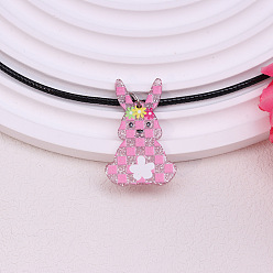 Кролик Красочный кулон в клетку из акрила с рисунком «Счастливой Пасхи» на черном вощеном шнурке для женщин, кролик, 17.72 дюйм (45 см), Кулон : 55x25 мм