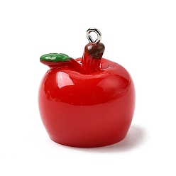 Красный Непрозрачные подвески смолы, яблочный шарм, с платиновой железной петлей, красные, 27~27.5x23~23.5 мм, отверстие : 2 мм