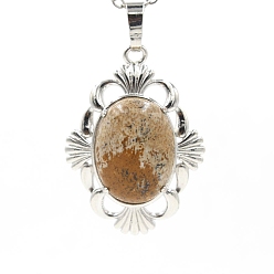 Пейзажный Джаспер Естественного изображения яшмы подвески, подвески-цветы из латуни платинового тона, 34x25x9 мм