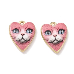 Pink Printed Alloy Pendants, Heart with Cat Shape Charms, Rack Plating, Cadmium Free & Nickel Free & Lead Free, Golden, Pink, 19x15x4mm, Hole: 1.8mm