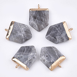 Labradorite Electroplate Natural Labradorite Pendants, with Iron Findings, Faceted, Pentagon, Golden, 28~31x20~21x6~8mm, Hole: 1.8mm