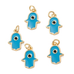 Темно-Голубой Латунь эмаль подвески, долговечный, реальный 18 k позолоченный, хамса рука, глубокое синее небо, 13x9x1.5 мм, отверстие : 2.8 мм
