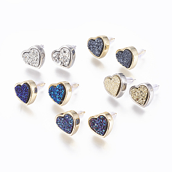 (52) Непрозрачная лаванда Латунь серьги, с друзу смолой кабошон, с уха орехов, сердце, разноцветные, 11x12x4~6 мм , штифт: 0.8 мм