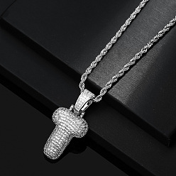 Letter T Латунные микропаве прозрачные кубические цирконии массивные инициальные подвески ожерелья, платина, Письмо T, 19.69 дюйм (50 см)