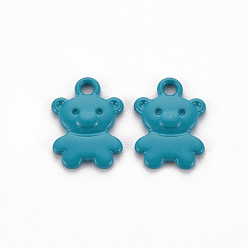 Teal Spray Painted Alloy Charms, Cadmium Free & Lead Free, Bear, Teal, 14x10x2mm, Hole: 1.6mm