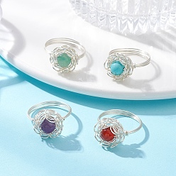Серебро 4 шт. 4 стили кольца с драгоценными камнями, цветок, с латунными бусинами и экологически чистой медной проволокой, серебряные, внутренний диаметр: 18 мм, 1 шт / стиль