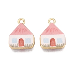 Pink Pendentifs en alliage imprimés, crémaillère plaquage, charmes de maison rose, sans cadmium et sans nickel et sans plomb, or, 19x14x3mm, Trou: 1.8mm