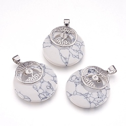 Говлит Природные подвески Говлит, с латунной фурнитурой платинового цвета, плоские круглые с дерева жизни, 32x28x6 мм, отверстие : 4x5 мм