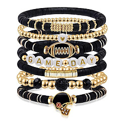Черный 7Набор браслетов из полимерной глины Heishi и пластиковых бусин CCB в стиле регби, украшения из сплава с подвесками для женщин, золотые, чёрные, внутренний диаметр: 2-3/8 дюйм (6 см)