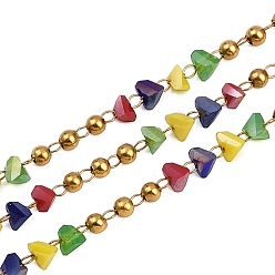 Разноцветный 304 цепи из бисера ручной работы из нержавеющей стали, со стеклянными бусинами, ионное покрытие (ip), несварные, реальный 18 k позолоченный, круглый с наггетсами, красочный, 3x2.5x2 мм