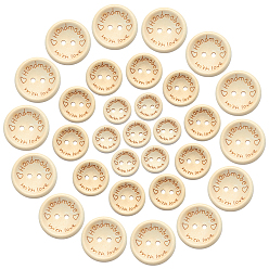 Blanched Almond Wooden Buttons, 2-Hole, Flat Round, with Word Handmade with Love, Mixed Size, Blanched Almond, 15~25x3~4mm, Hole: 2~2.5mm, about 150pcs/set
