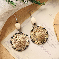 Плоский Круглый Богемные серьги-подвески из дерева и ротанга, сплетенные из разных пород дерева., с кокосом, платина, плоско-круглые, 74x45 мм