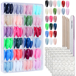 Mixed Color ABS Plastic Pure Color Press On False Nails, Nail Art Decoration Accessories, with Adhesive Tapes & Manicure File and Stick, Mixed Color, 18.5~26x7~14x0.5~1mm
