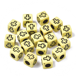 Желтый Акриловые бусины, Куб с крестом, желтые, 6x6x6 мм, Отверстие : 3 мм , около 30000 шт / 5000 г