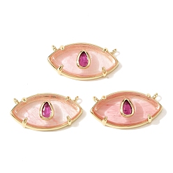  Cherry Quartz Glass Pendants, Brass Pave Deep Pink Cubic Zirconia Eye Charms, Real 18K Gold Plated, Cadmium Free & Lead Free, Rack Plating, Long-Lasting Plated, 11~12x22~22.5x4.5~5mm, Hole: 1.2mm