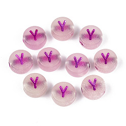 Letter Y Светящиеся матовые акриловые бусины, гальваническим, плоские круглые с буквы, светится в темноте, Письмо Y, 10x5 мм, отверстие : 2 мм, Около 1390 шт / 500 г