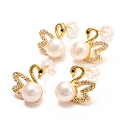 Настоящее золото 18K Латунные микро проложить серьги стержня кубического циркония, с натуральной жемчужиной, лебедь, реальный 18 k позолоченный, 12x13 мм, штифты : 0.8 мм
