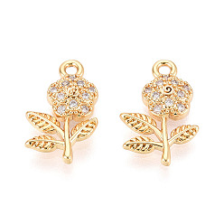 Настоящее золото 18K Латунные микропаве прозрачные подвески с фианитом, цветок, без никеля , реальный 18 k позолоченный, 15x9~10x3 мм, отверстие : 1.2 мм