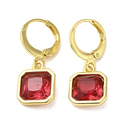 Red Golden Brass Dangle Leverback Earrings, with Square Glass, Red, 25.5x10.5mm
