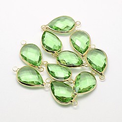 Бледно-Зеленый Золотистые латунные стеклянные каплевидные соединители, бледно-зеленый, 21x11x5 мм, отверстие : 2 мм