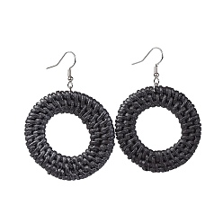 Black Dangle Earrings, with Handmade Reed Cane/Rattan Woven Beads and Brass Hook, Ring, Black, 63.5~67mm, Pendant: 43~47x41.5~47.5x4.5~5mm, Pin: 0.6mm