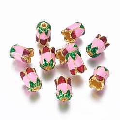 Pink Alloy Bead Caps, with Enamel, 5-Petal, Light Gold, Pink, 11x8mm, Hole: 2mm
