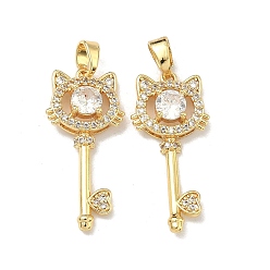 Настоящее золото 18K Латунные микропаве прозрачные подвески с фианитом, Брелок в форме кошки., реальный 18 k позолоченный, 27.5x13x5 мм, отверстие : 4.5x3 мм