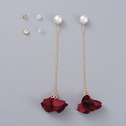 Dark Red Stud Earrings, with Flower Shape Handmade Cloth Pendant, Brass Ear Threads and Acrylic Imitation Pearl Ear Nuts, Dark Red, 102mm, Pin: 0.8mm