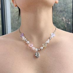 Shell Shape Женские ожерелья из бусин с подвесками из сплава, смоляных цветов и искусственного жемчуга, платина, формы раковины, 15.75 дюйм (40 см)