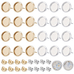 Golden & Stainless Steel Color 304/202 Stainless Steel Stud Earring Findings, with Cabochon Settings & 304/201 Stainless Steel Ear Nuts, Flat Round, Golden & Stainless Steel Color, 12mm