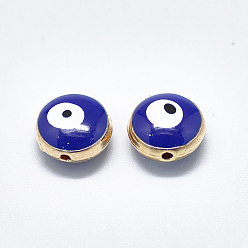 Blue Alloy Enamel Beads, Flat Round with Evil Eye, Light Gold, Blue, 10x6mm, Hole: 1.2mm