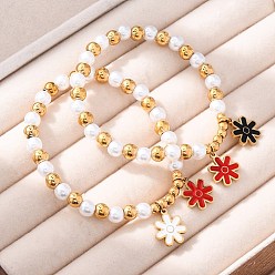 Цветок 201 браслеты из нержавеющей стали с круглыми бусинами, с 304 подвесками из нержавеющей стали и пластиковым искусственным жемчугом, цветок, внутренний диаметр: 1-7/8 дюйм(4.9см)подвеска: 14x12x1.5мм