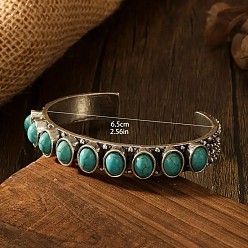 Бирюза Браслеты-манжеты из сплава в стиле бохо, Овальные синтетические бирюзовые бусины браслеты для женщин, античное серебро, бирюзовые, внутренний диаметр: 2-1/2 дюйм (6.5 см)