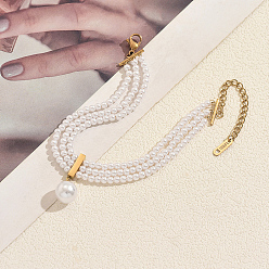 White Natural Freshwater Pearl Round Charm Multi-strand Bracelets with 201 Stainlee Steel End Chains, Golden, White, 6.30 inch(16cm)