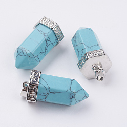 Синтетическая Бирюза Синтетические бирюзовые остроконечные подвески, с латунной найти, пуля, платина, 39x18 мм, отверстие : 4.5x5.5 мм