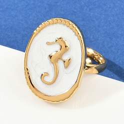 Белый 304 эмалированные открытые манжеты из нержавеющей стали для женщин, ионное покрытие (ip), золотые, овал с морским коньком, белые, внутренний диаметр: 17.2 мм, овальный : 21x15 mm