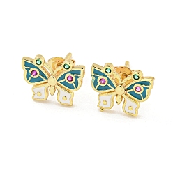 Green Butterfly Golden Brass Stud Earrings, with Enamel and Cubic Zirconia, Green, 10x12mm