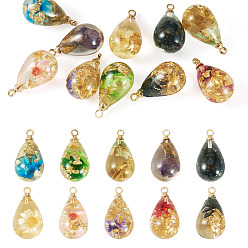 (52) Непрозрачная лаванда 10 шт 10 цвета прозрачные подвески из смолы, каплевидная форма с засушенным цветком внутри, с петлей из светлого позолоченного железа и золотой фольгой., разноцветные, 18x10 мм, отверстие : 1.7 мм, 1 шт / цвет