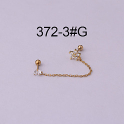 Цветок Серьги-хрящи из латуни с прозрачным кубическим цирконием и цепочкой с кисточками, 316l асимметричные серьги из нержавеющей стали для женщин, золотые, цветок, 6x3 мм, штифты : 0.8 мм