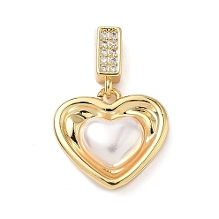 Настоящее золото 18K Латунные микро проложить кубического циркония подвески, сердце, с ABS имитации жемчуга, без кадмия и без свинца, долговечный, стойки покрытие, реальный 18 k позолоченный, 25.5 мм