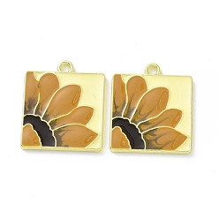 Golden Rack Plating Alloy Enamel Pendants, Square with Flower, Golden, 20.5x17.5x1.5mm, Hole: 1.8mm