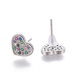 Платина Латунь кубического циркония серьги стержня, сердце, красочный, платина, 8x9x1.5 мм , штифт: 0.8 мм