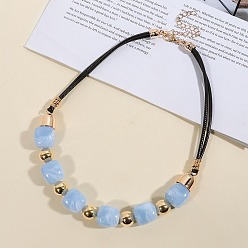 Light Sky Blue Resin Cube & Round CCB Plastic Beaded Necklaces with Leather Cords for Women, Light Gold, Light Sky Blue, 17.32 inch(44cm)