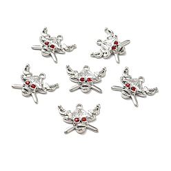 Platinum Halloween Alloy Pendants, with Ruby Rhinestones, Pirate, Platinum, 23.5x30x4.5mm, Hole: 2.5mm