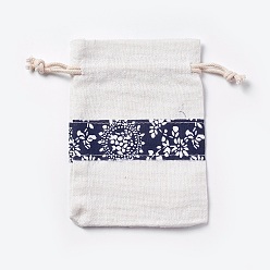 Prussian Blue Cotton and Linen Cloth Packing Pouches, Drawstring Bags, Prussian Blue, 12~14.2x9.8~10.5cm